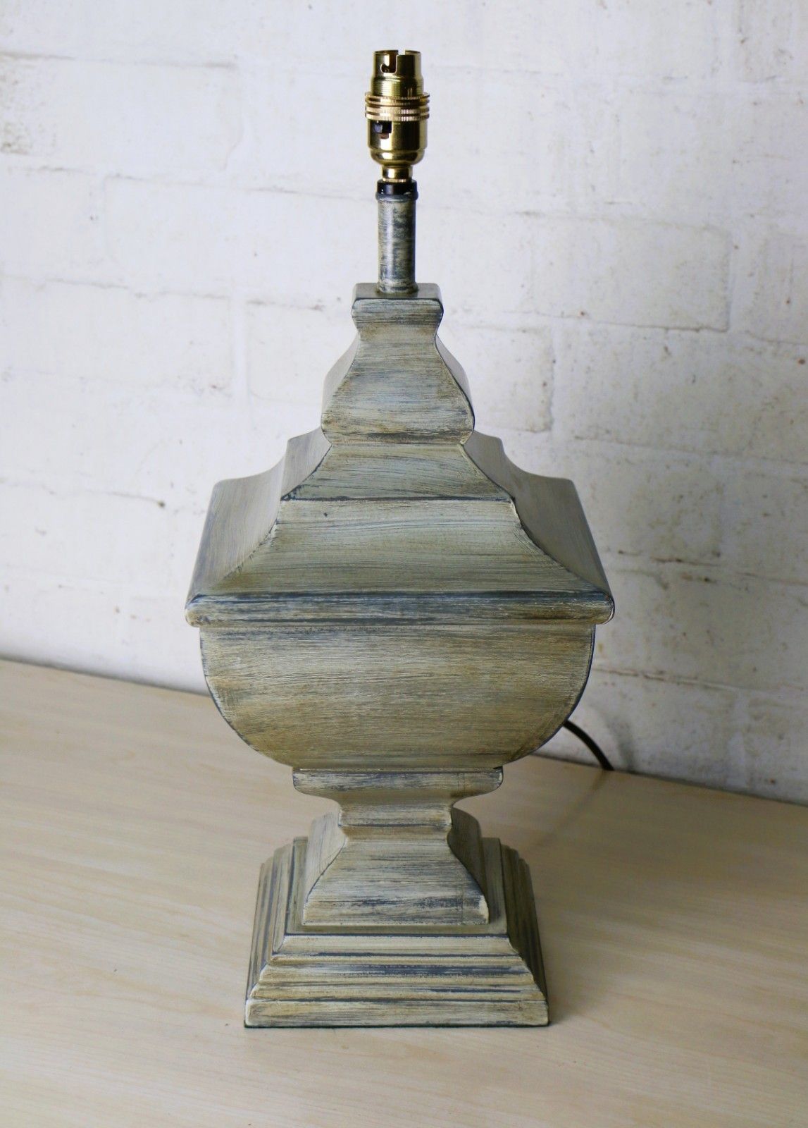 Table Lamp Vintage Large Ethnic Pagoda Shaped Wooden Lamp Distressed Grey Finish photo furniture
