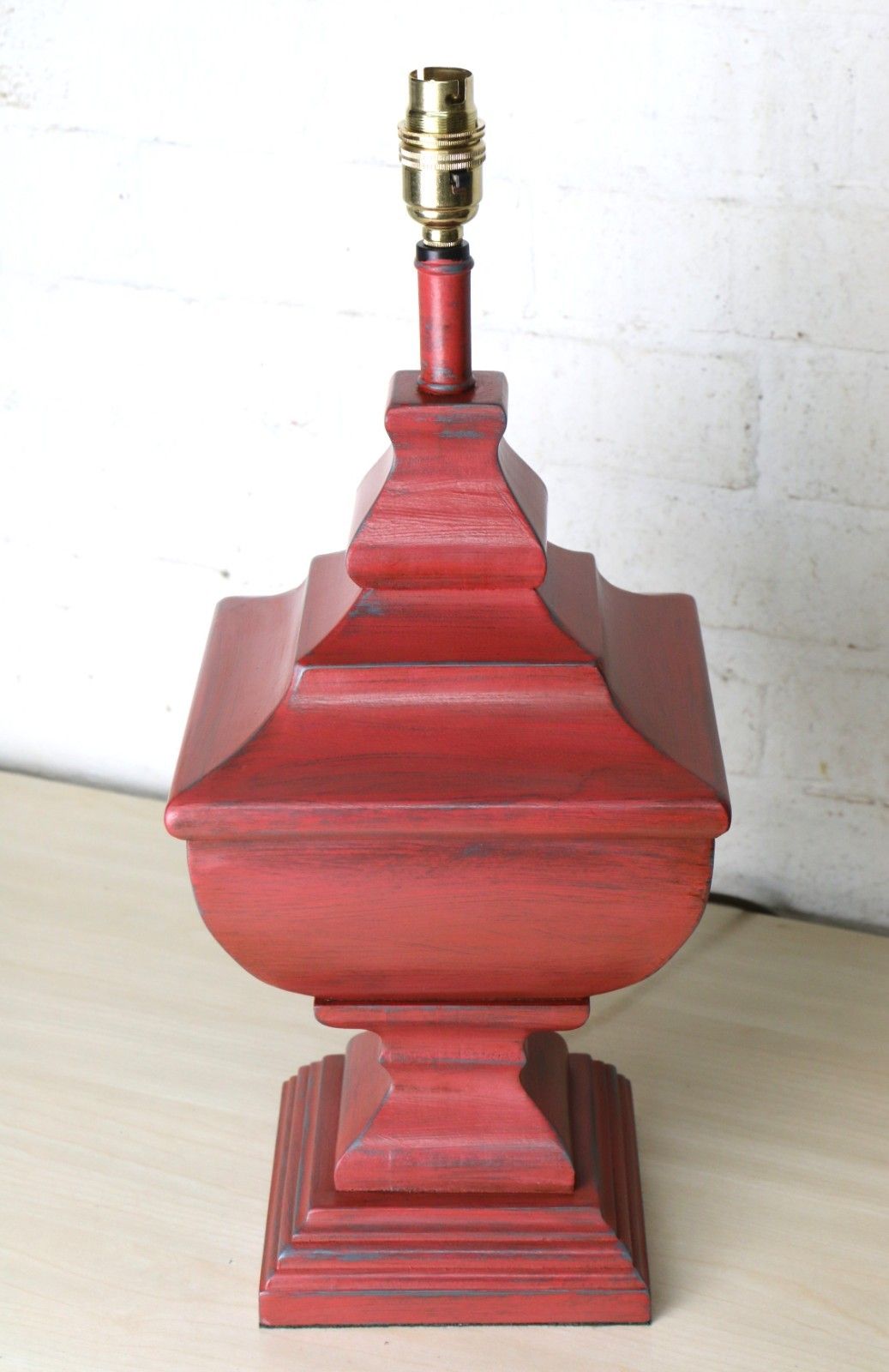 Table Lamp Vintage Large Ethnic Pagoda Shaped Wooden Lamp Distressed Red Finish photo furniture