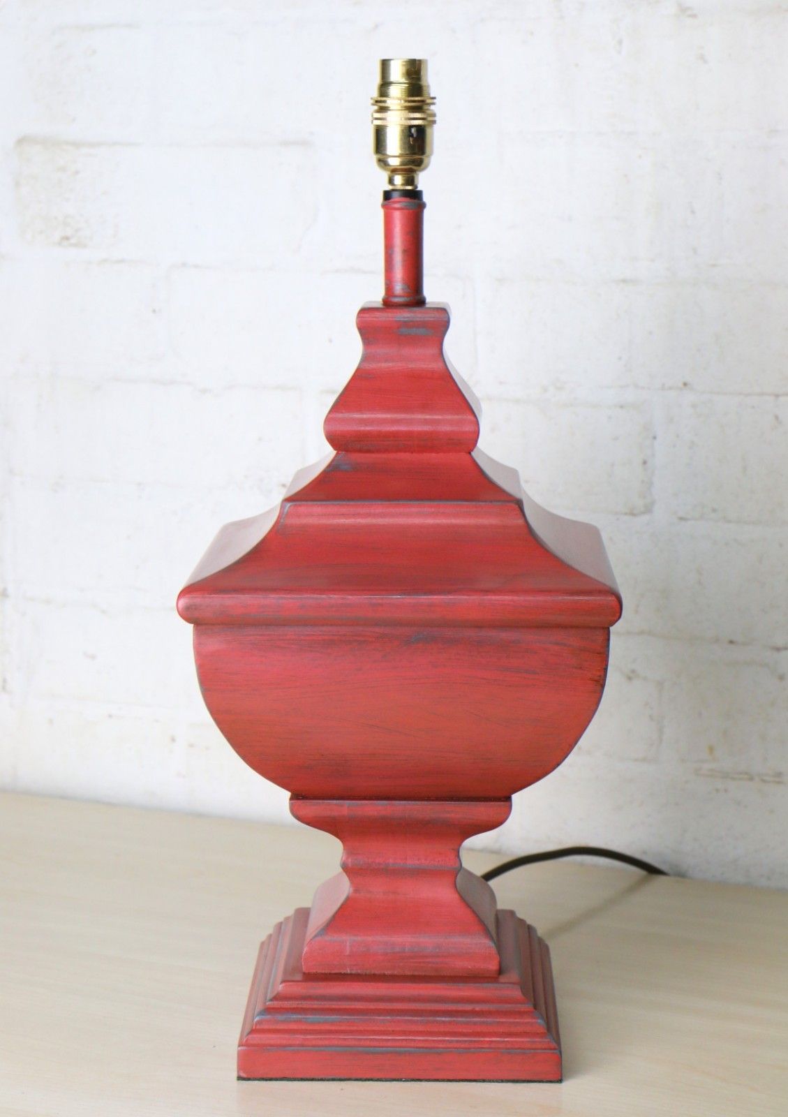Table Lamp Vintage Large Ethnic Pagoda Shaped Wooden Lamp Distressed Red Finish photo for sale
