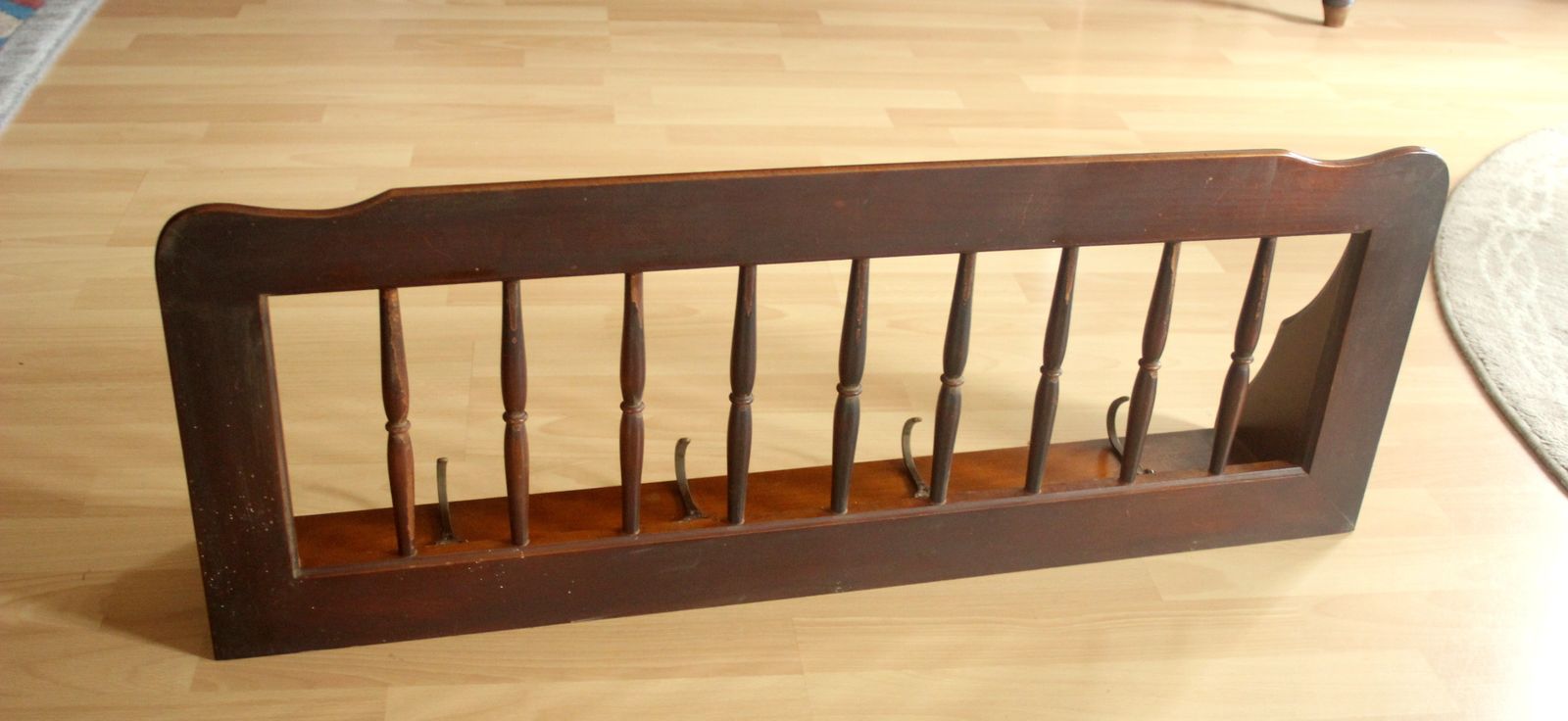 Wall Mounted Coat Rack  Made Of Walnut Wood With 4 Brass Hooks   Vintage From The 50s photo vinterior
