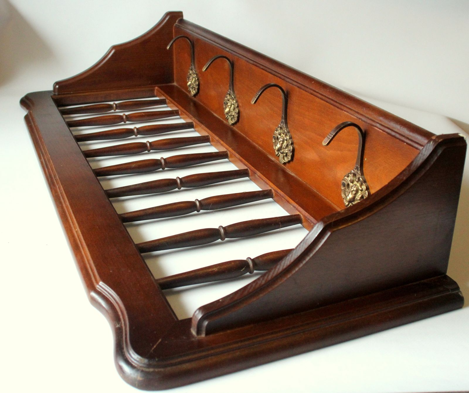 Wall Mounted Coat Rack  Made Of Walnut Wood With 4 Brass Hooks   Vintage From The 50s photo buy