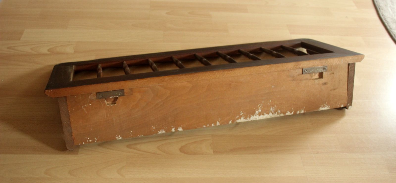 photo for sale Wall Mounted Coat Rack  Made Of Walnut Wood With 4 Brass Hooks   Vintage From The 50s