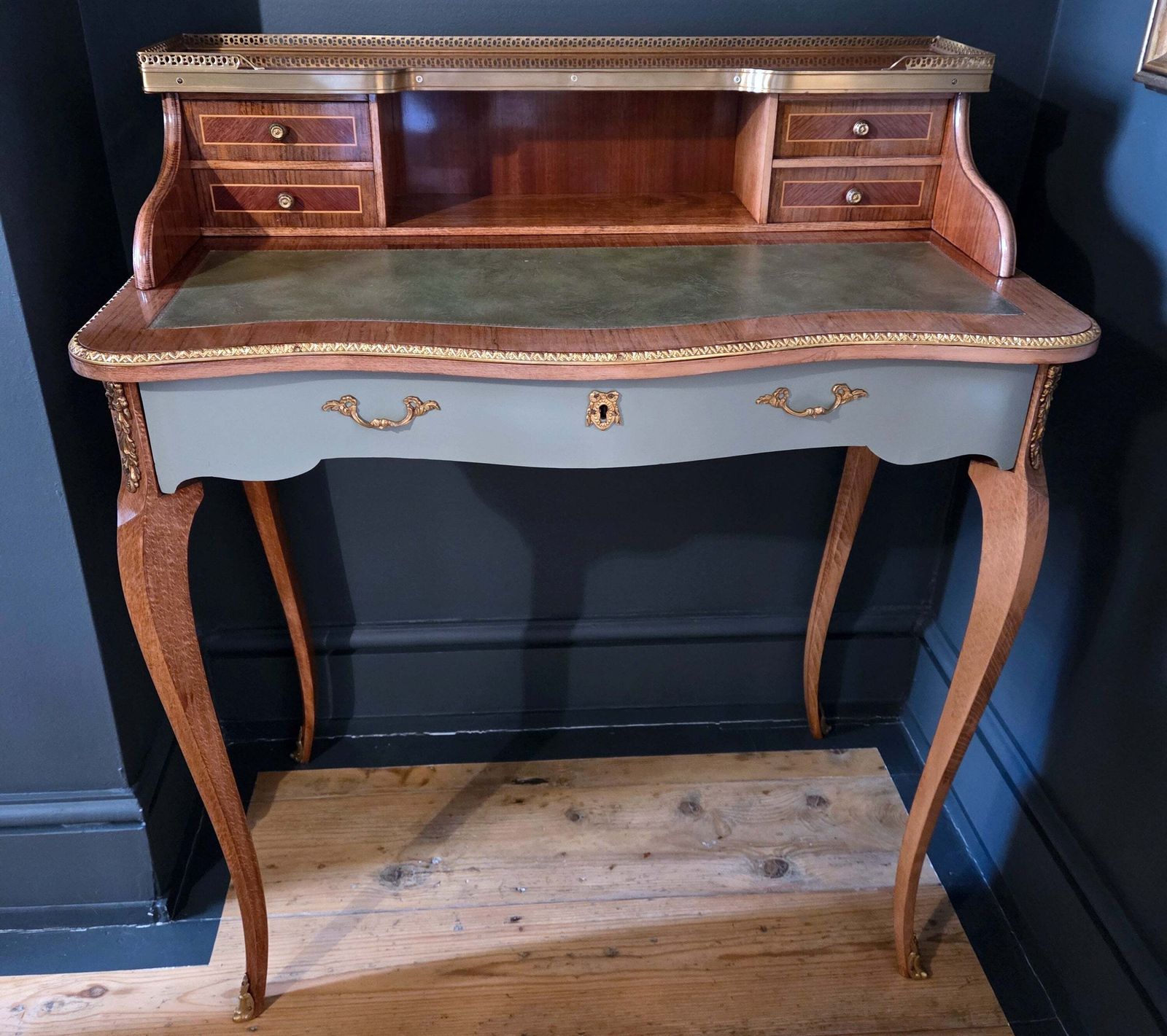 Vintage Writing Desk Ladies' Secretary Louis XV Style, Brass Detail, Green Leather Top photo furniture