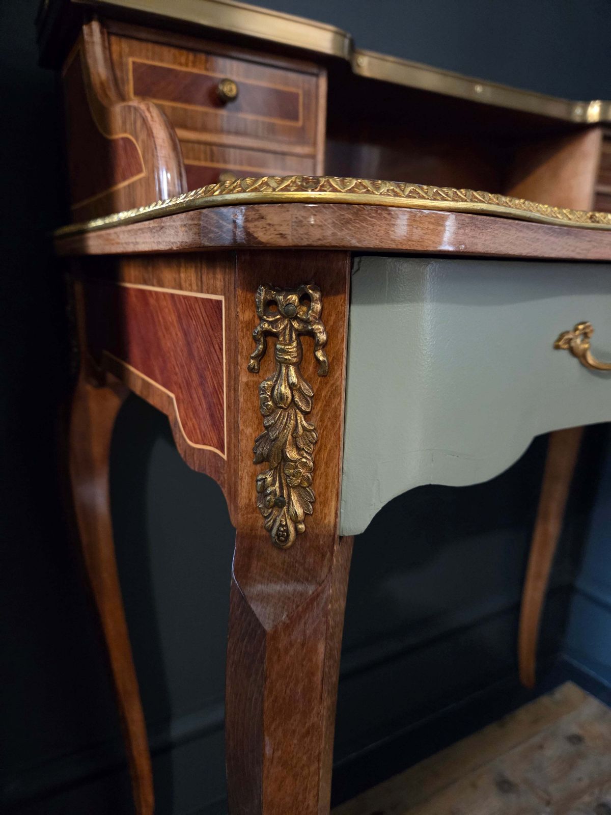 photo furniture Vintage Writing Desk Ladies' Secretary Louis XV Style, Brass Detail, Green Leather Top