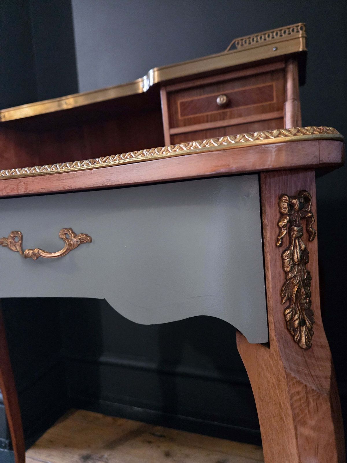 photo for sale Vintage Writing Desk Ladies' Secretary Louis XV Style, Brass Detail, Green Leather Top