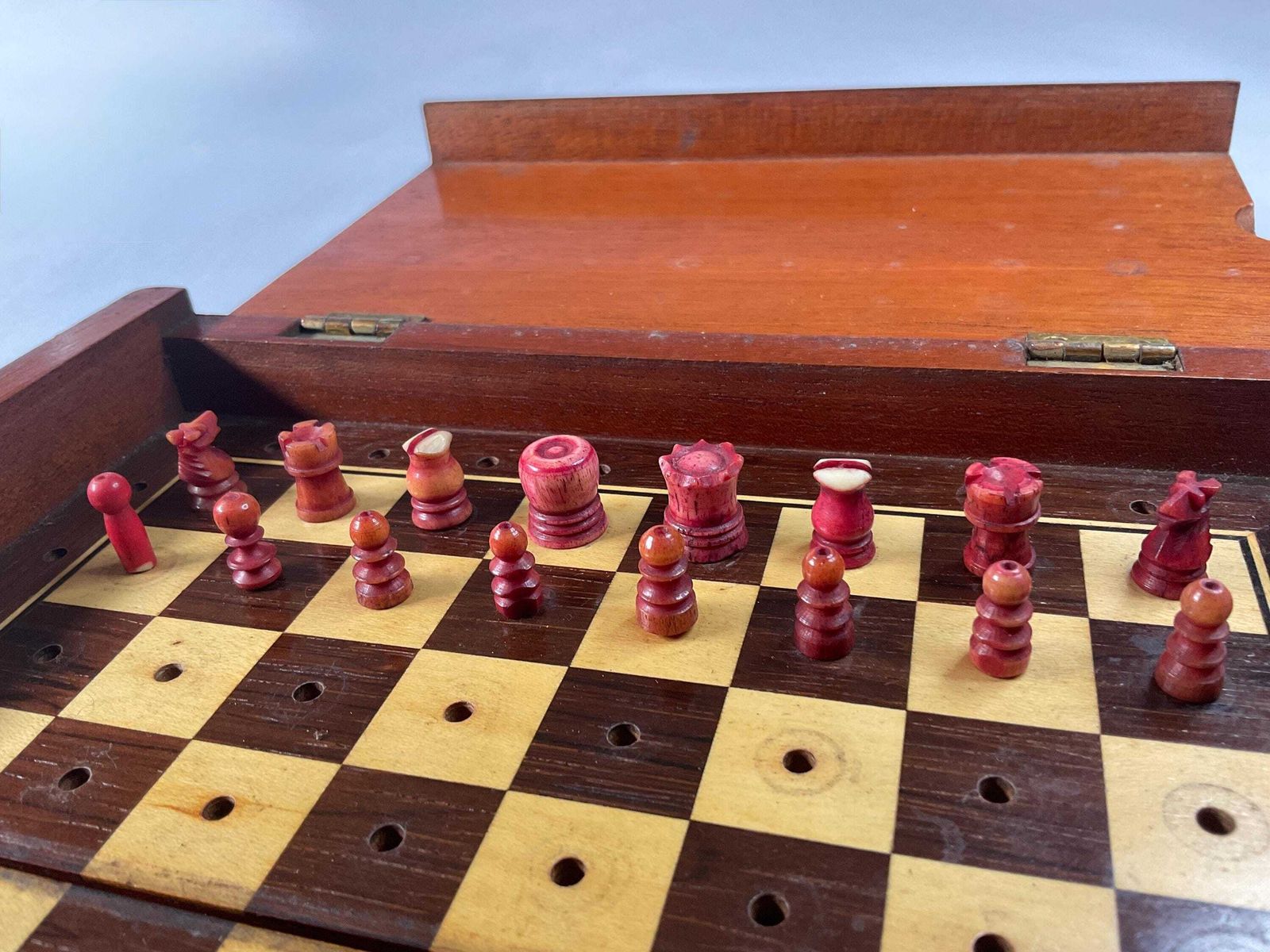 photo for sale Antique Victorian Mahogany Travel Chess Set – Hand Turned Bone Pieces – C.1880