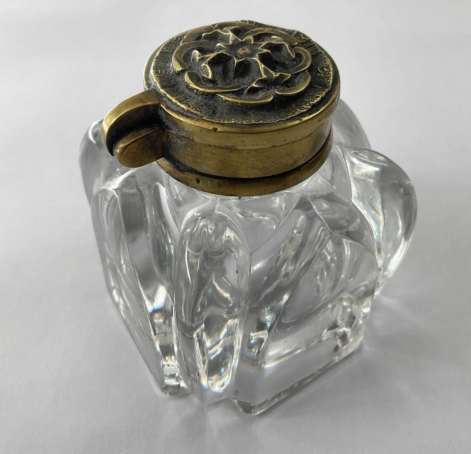 Decorative Victorian Glass Inkwell – Ornate Floral Chased Brass Lid – C.1890