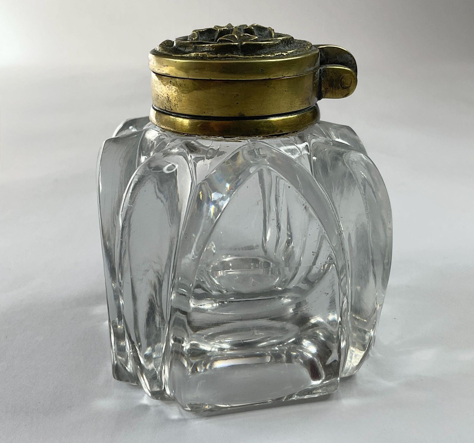 photo for sale Decorative Victorian Glass Inkwell – Ornate Floral Chased Brass Lid – C.1890