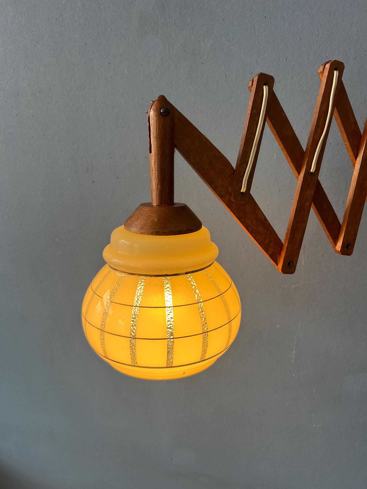Vintage Teak Wood Scissor Wall Lamp With Glass Shade photo Lighting