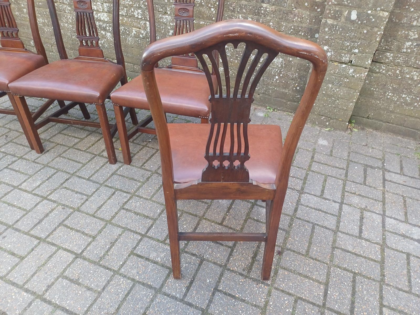 Set Of Four Vintage 1920s Mahogany Dining Chairs With Carved Backs And Brown Vinyl Seat photo 595.0