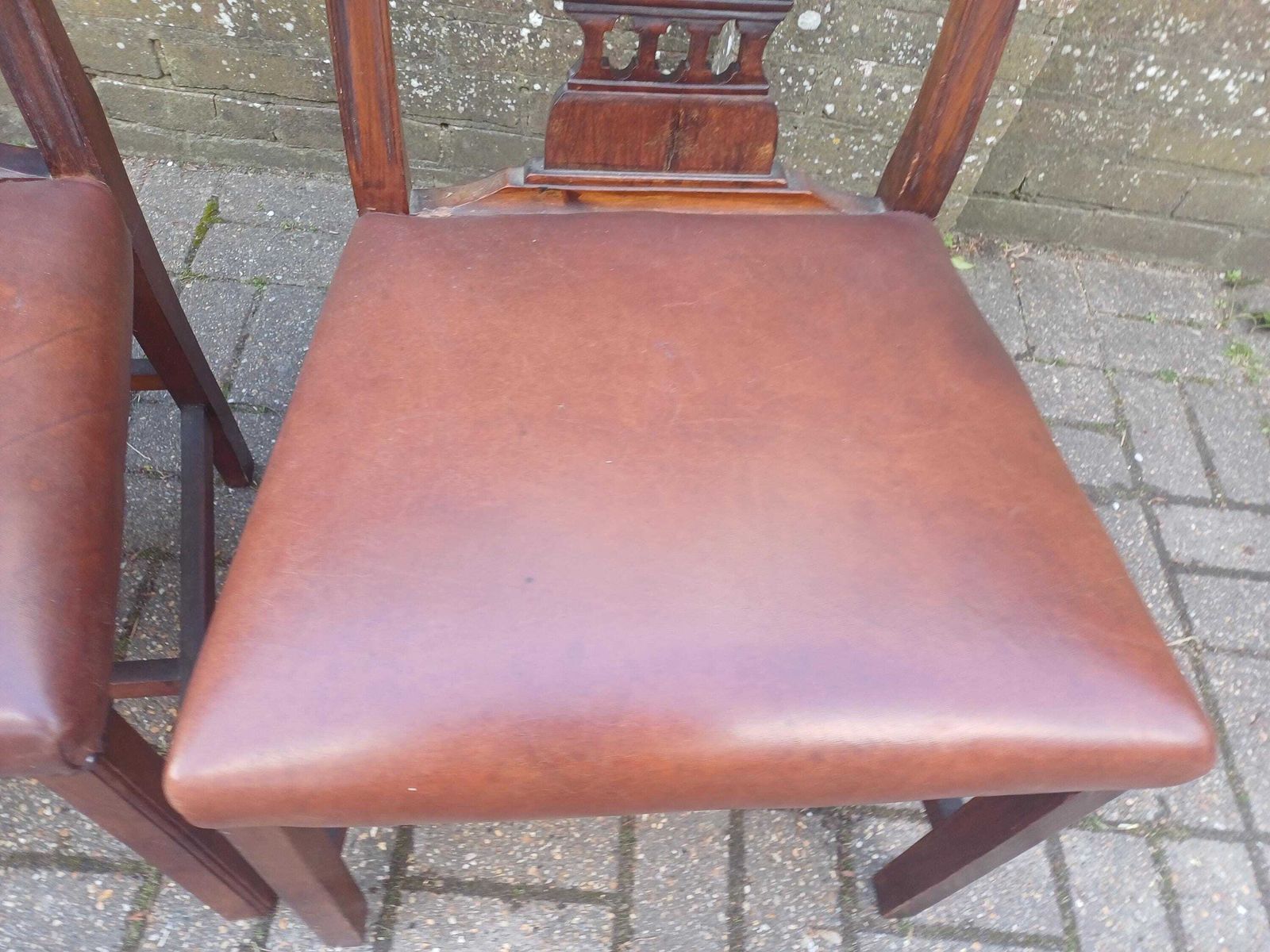 photo buy Set Of Four Vintage 1920s Mahogany Dining Chairs With Carved Backs And Brown Vinyl Seat