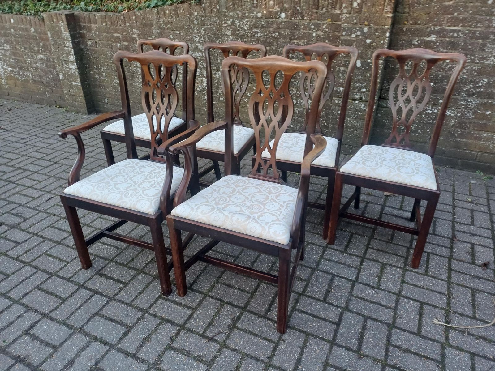 Set Of Six Antique Mahogany Vintage High End Dining Chairs With Carved Fretwork Backs, Upholstered Seats Two Carvers
