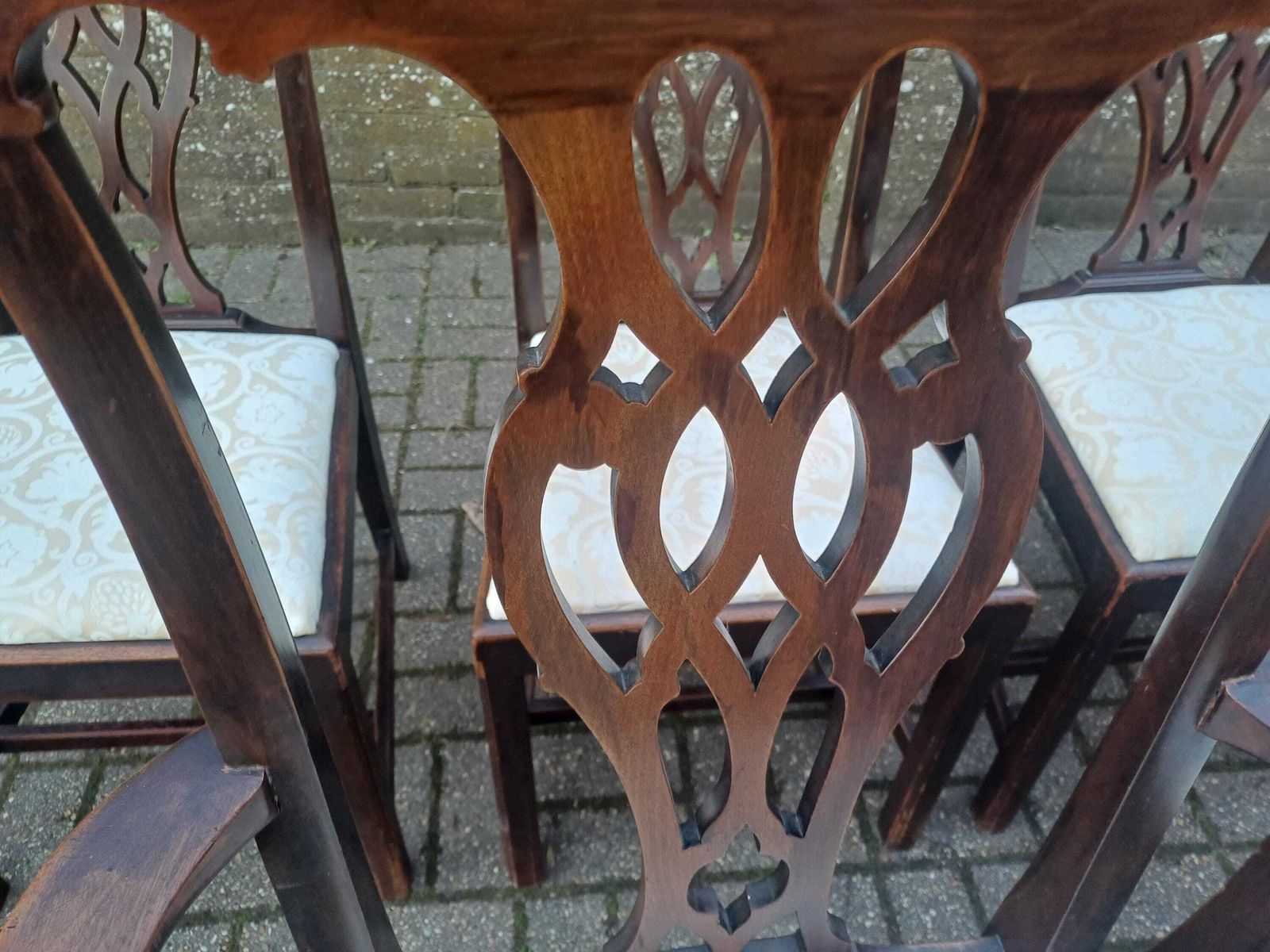 Set Of Six Antique Mahogany Vintage High End Dining Chairs With Carved Fretwork Backs, Upholstered Seats Two Carvers photo Furniture