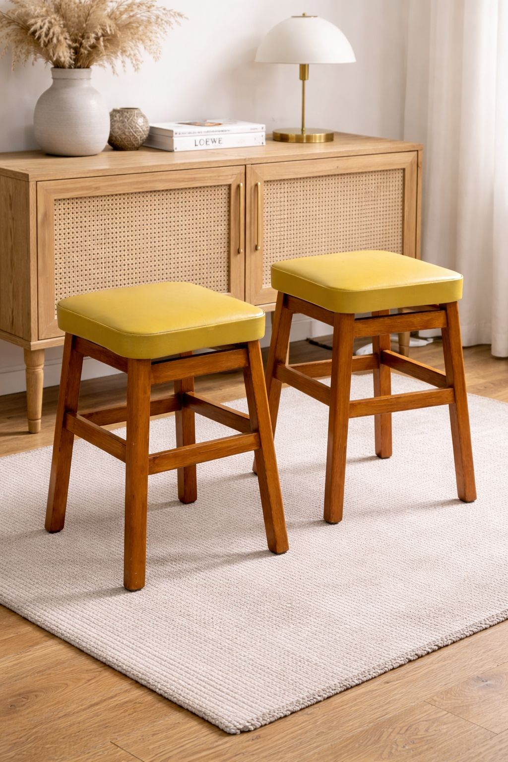 Vintage Mid Century Beech Wood Stools With Yellow Vinyl Seats – Set Of 2