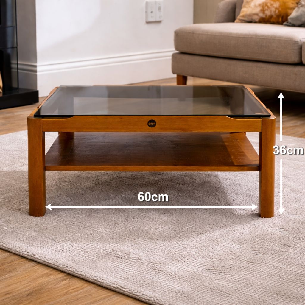 Myer Mid Century Modern Teak Coffee Table With Smoked Glass & Lower Shelf photo for sale