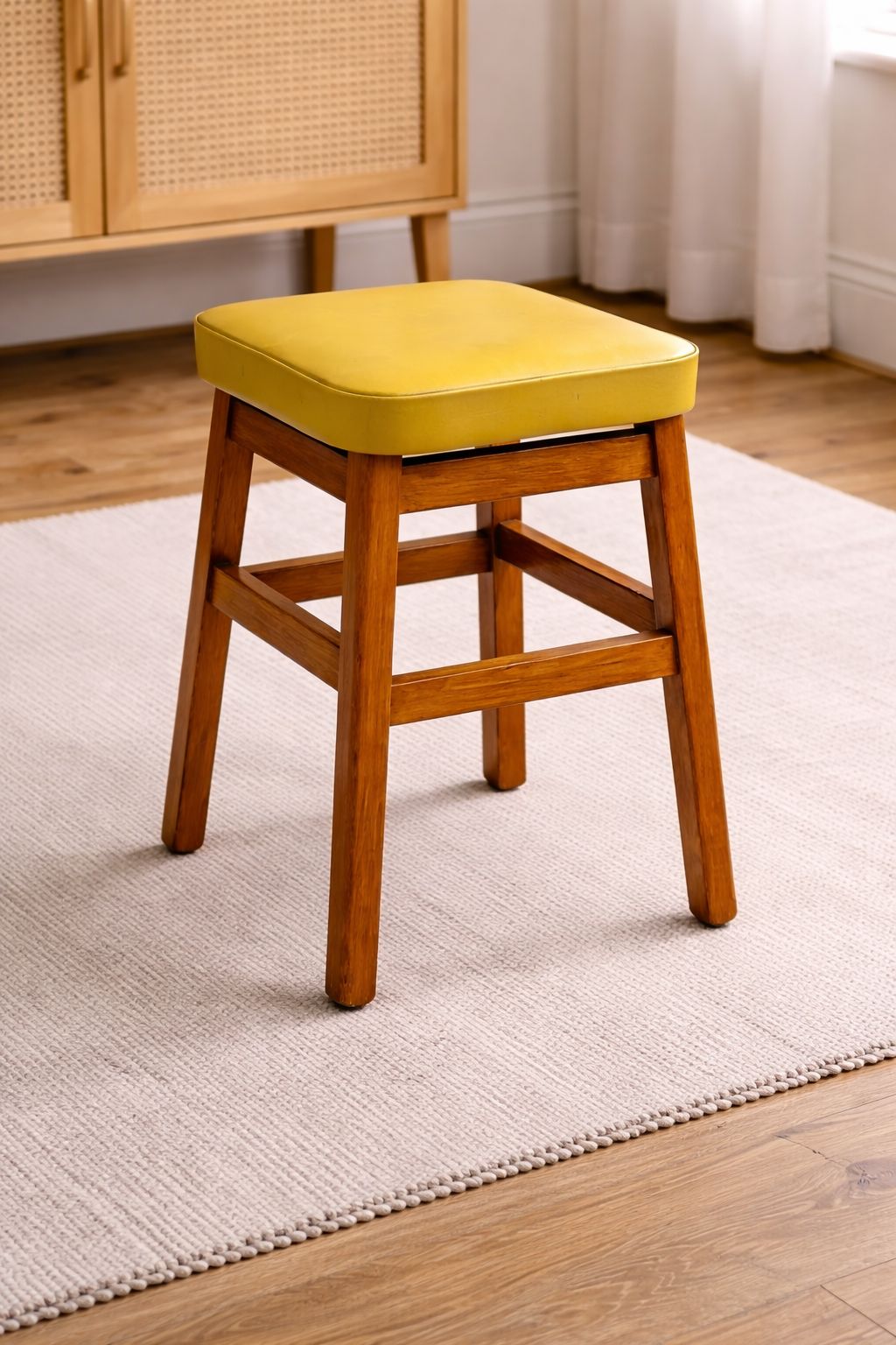 Vintage Mid Century Beech Wood Stools With Yellow Vinyl Seats – Set Of 2 photo for sale