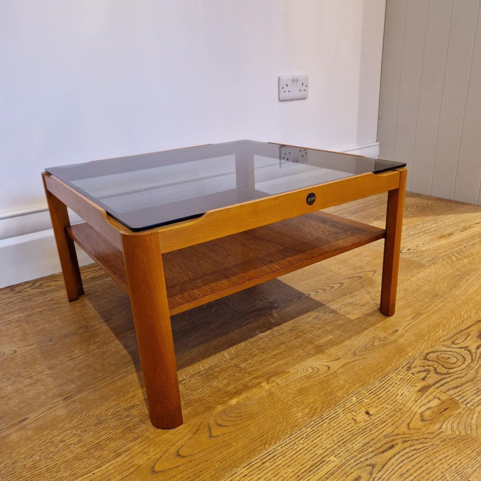 Myer Mid Century Modern Teak Coffee Table With Smoked Glass & Lower Shelf photo Furniture