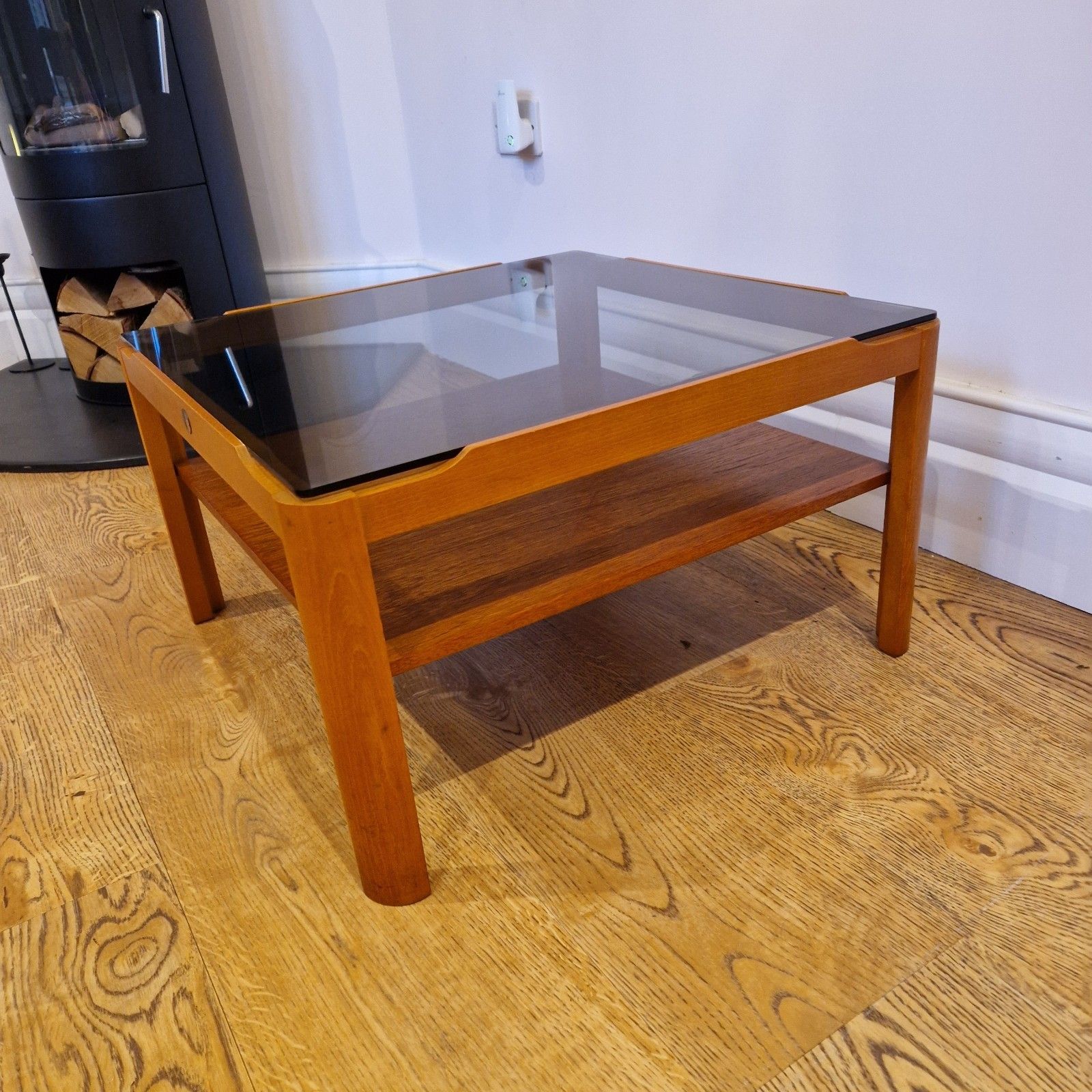 Myer Mid Century Modern Teak Coffee Table With Smoked Glass & Lower Shelf photo vinterior