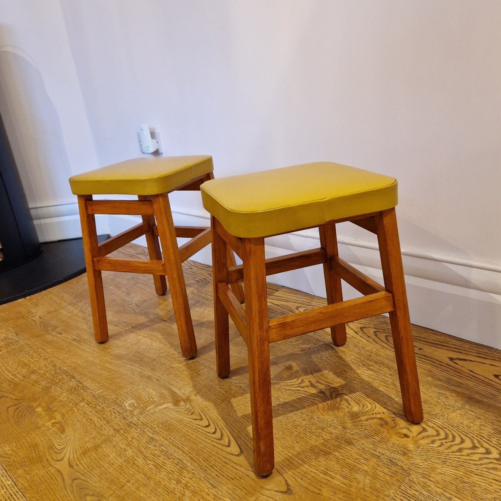 Vintage Mid Century Beech Wood Stools With Yellow Vinyl Seats – Set Of 2 photo buy
