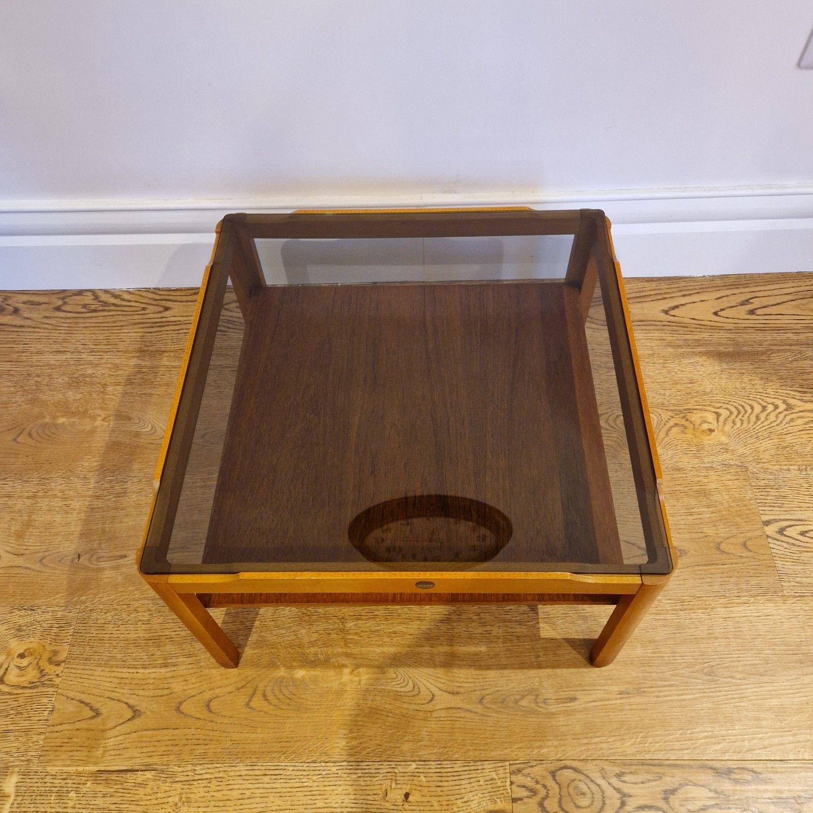 Myer Mid Century Modern Teak Coffee Table With Smoked Glass & Lower Shelf photo buy