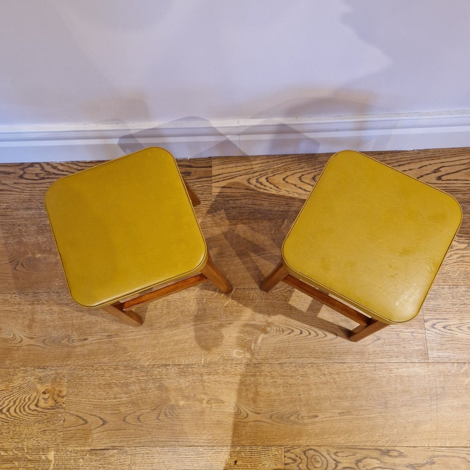 Vintage Mid Century Beech Wood Stools With Yellow Vinyl Seats – Set Of 2 photo vintage