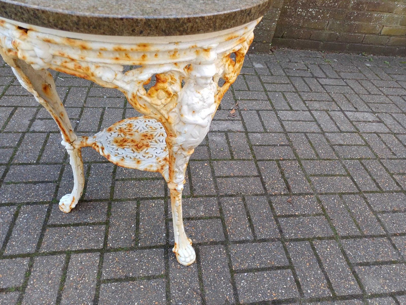 Victorian Cast Iron Britannia Garden Table   Marble Top Outdoor Bistro Table   Antique English Garden Furniture photo for sale