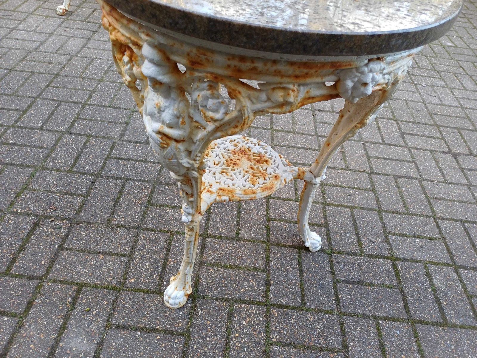 photo vintage Victorian Cast Iron Britannia Garden Table   Marble Top Outdoor Bistro Table   Antique English Garden Furniture