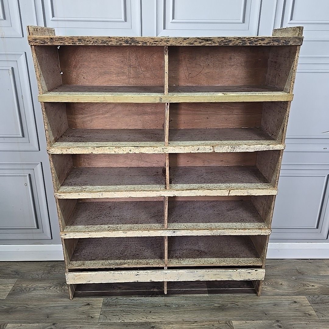 photo for sale Vintage Industrial Shelving Unit Wooden Workshop Storage Shelves Pigeon Hole