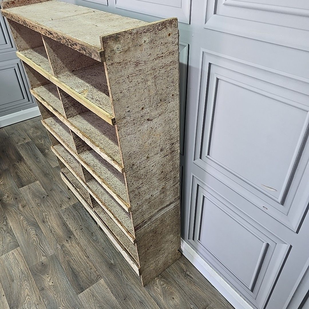 photo vinterior Vintage Industrial Shelving Unit Wooden Workshop Storage Shelves Pigeon Hole