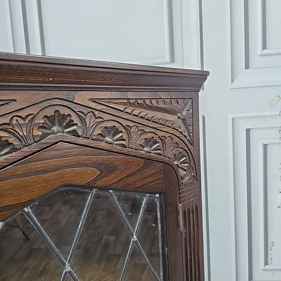 Vintage Corner Cabinet Leaded Glass Oak Gothic Revival Antique Style Cupboard photo vinterior