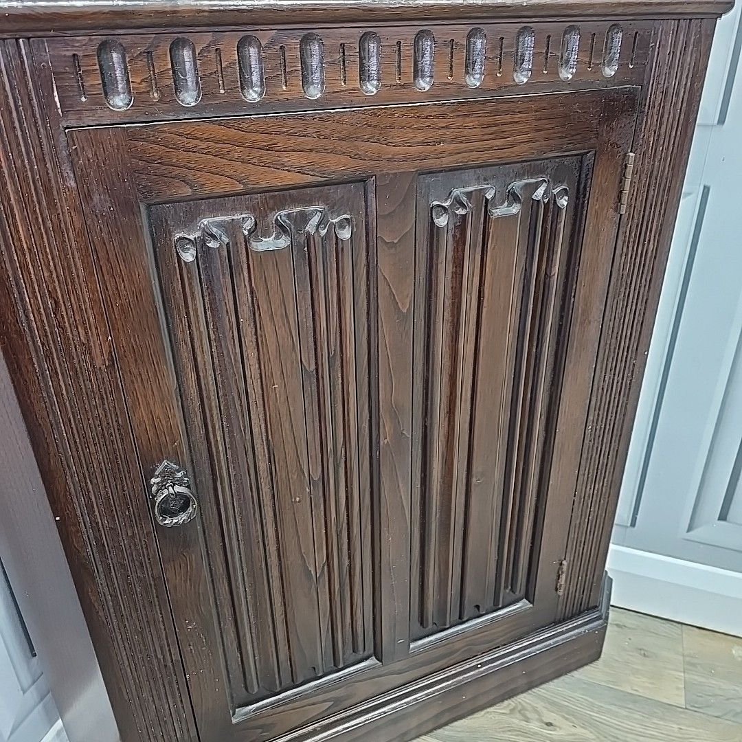 Furniture Vintage Corner Cabinet Leaded Glass Oak Gothic Revival Antique Style Cupboard photo