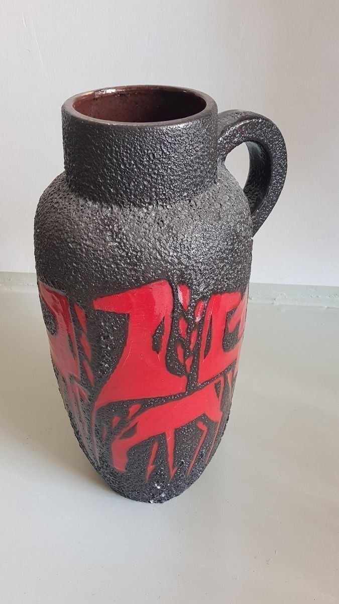 Fat Lava Floor Vase With Horses In Red And Black From Scheurich Keramik, 1970s