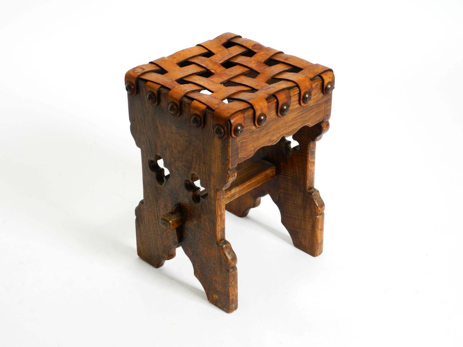 Beautiful 1940s Oak Stool With A Seat Made Of Leather Straps photo vinterior