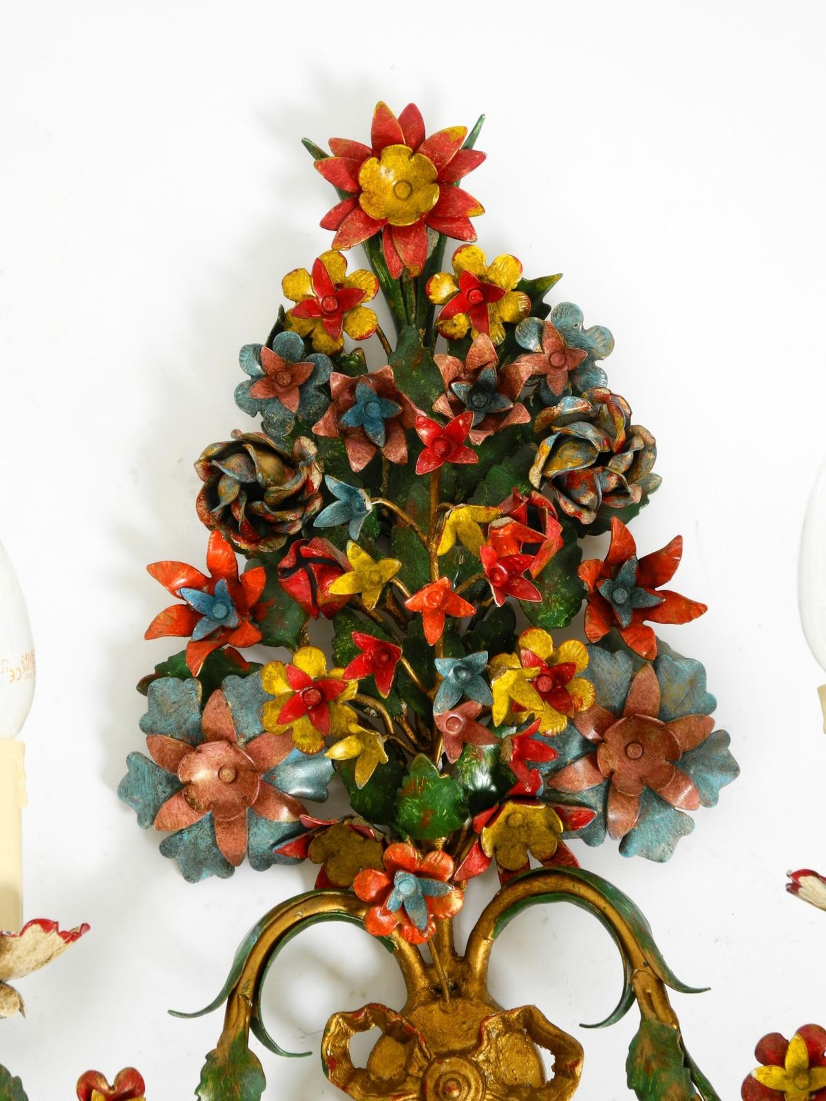 photo for sale A Pair Of Beautiful 60s Hand Painted And Gilded Metal Wall Lamps By Hans Möller