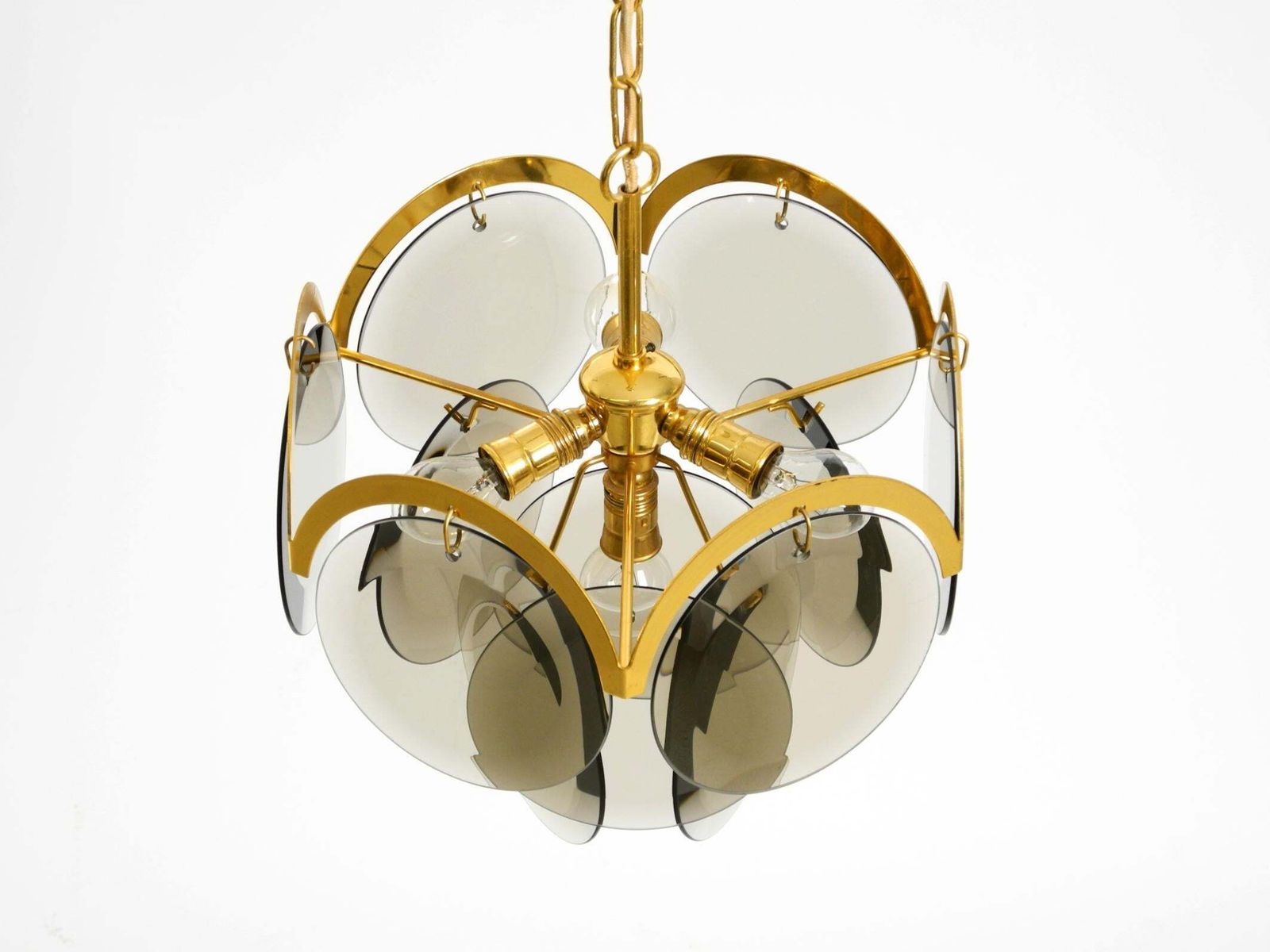 Beautiful 1960s Large Brass Ceiling Chandelier With Large Round Glass Plates photo vintage