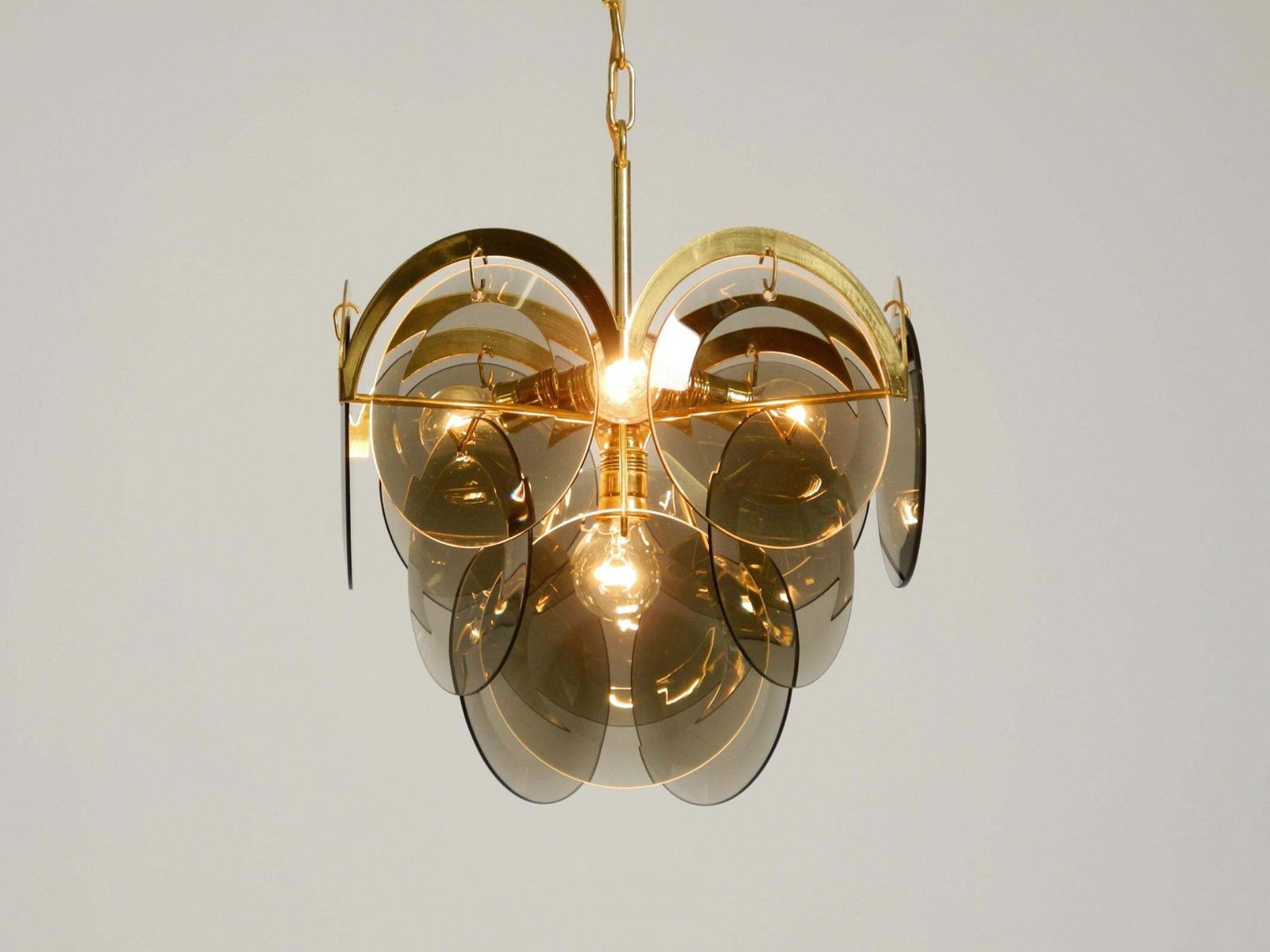 Lighting Beautiful 1960s Large Brass Ceiling Chandelier With Large Round Glass Plates photo