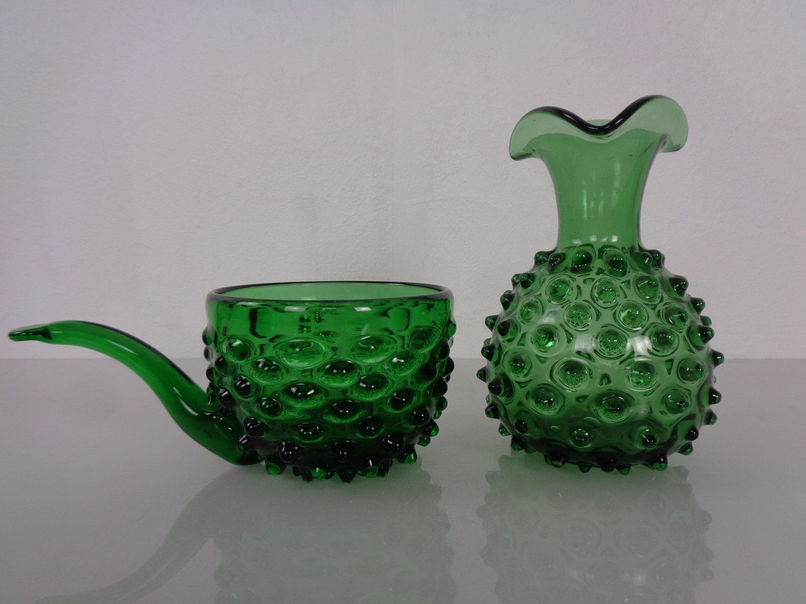 Italian Green Bubble Glass Vase & Bowl From Empoli, 1960s, Set Of 2 photo furniture