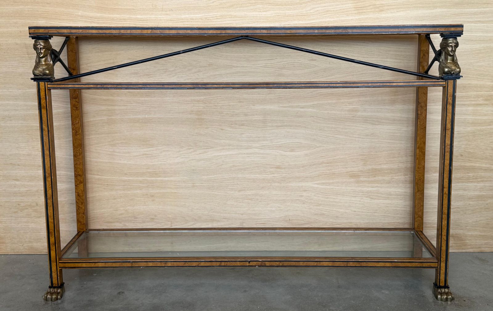 Maison Jansen Style Neoclassical Brass, Steel & Glass Console, France, C 1960 photo for sale