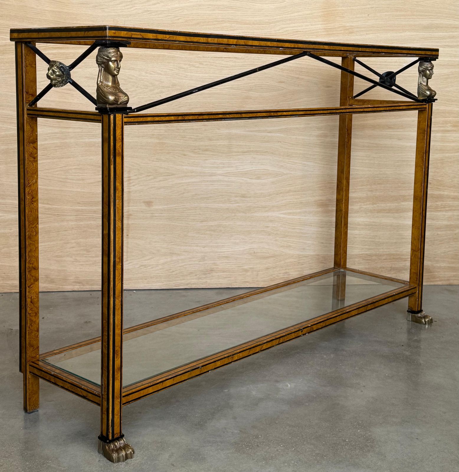 Maison Jansen Style Neoclassical Brass, Steel & Glass Console, France, C 1960 photo 1992.0