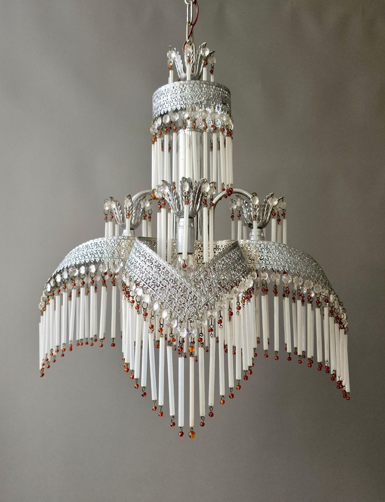 Italian Chandelier With Crystal Drops And Glass Rods, 1970s photo vintage