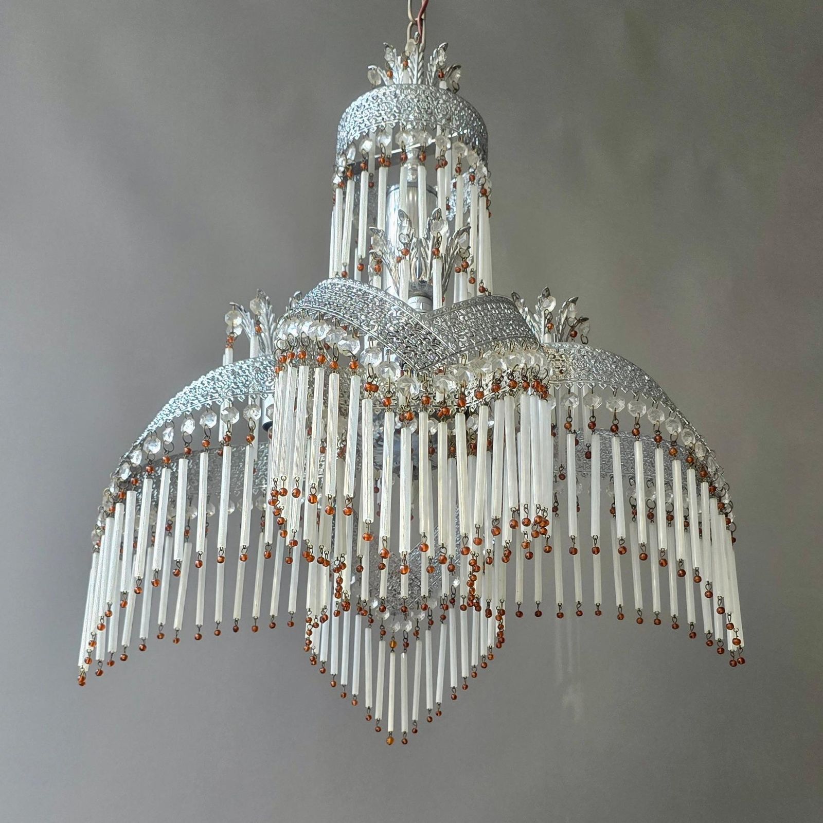 photo vintage Italian Chandelier With Crystal Drops And Glass Rods, 1970s