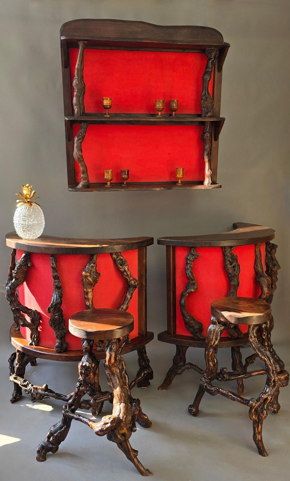 Rare Sculptural Brutalist Rootwood Bar Ensemble France 1950s 5 Piece Dry Bar Set photo Furniture