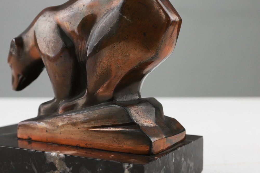 Art Deco Metal Polar Bear On Black Marble Base, France, 1930s photo Art
