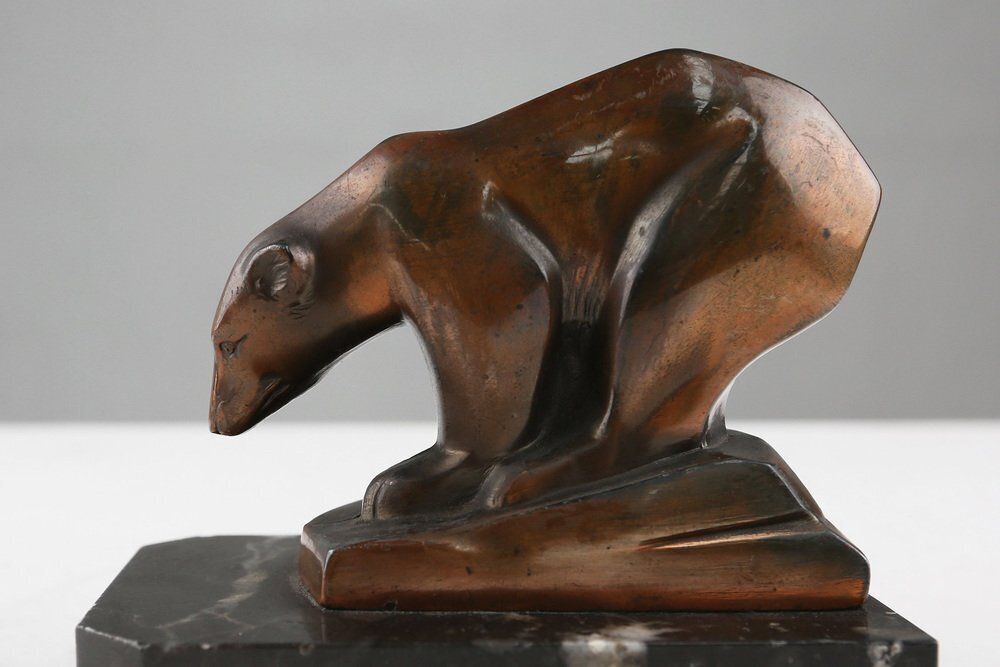 Art Deco Metal Polar Bear On Black Marble Base, France, 1930s photo vinterior