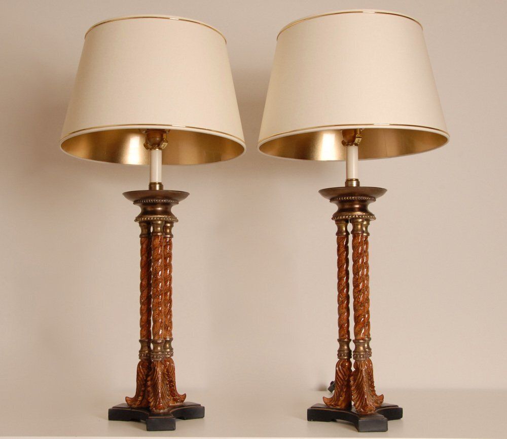 Vintage Italian Neoclassical Column Lamps In Turned Burl Wood, 1980s, Set Of 2 photo furniture