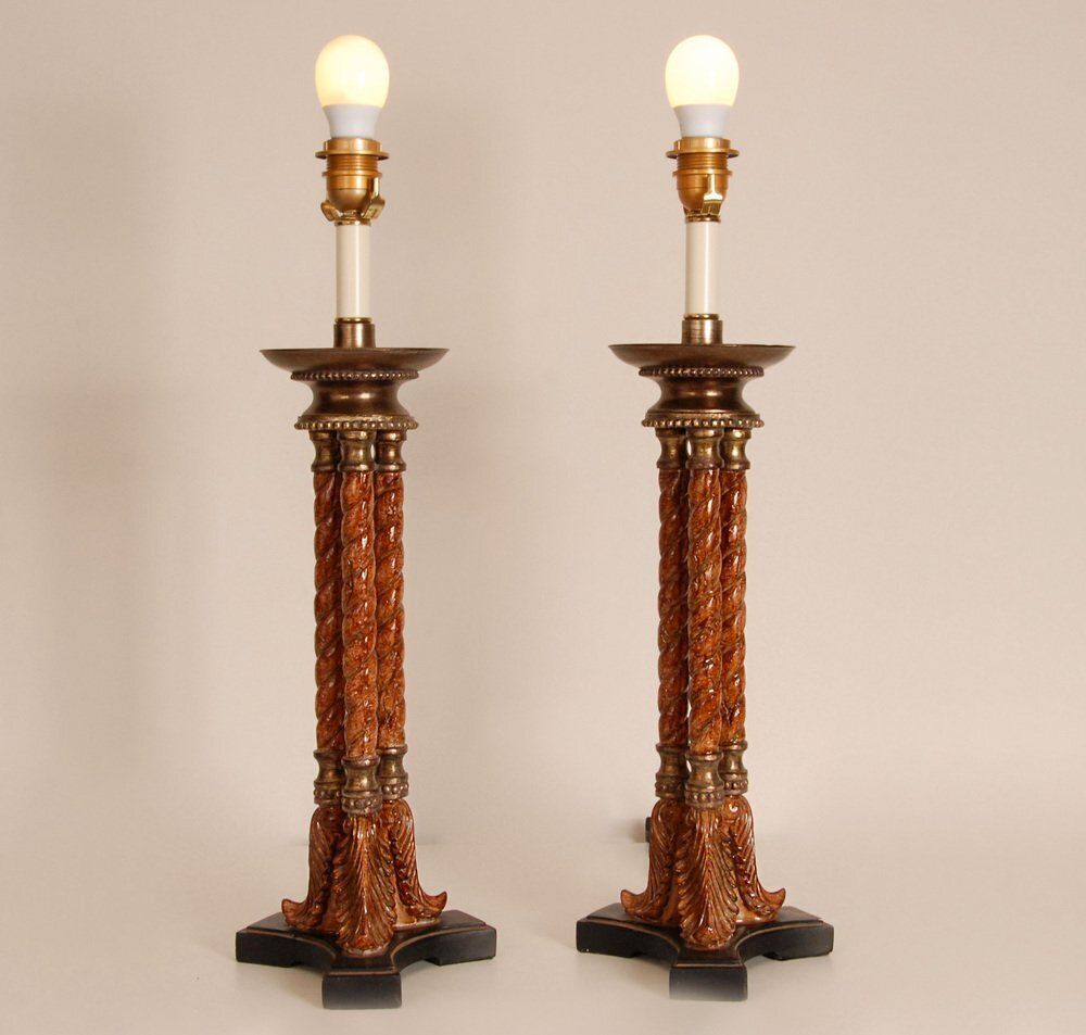 Vintage Italian Neoclassical Column Lamps In Turned Burl Wood, 1980s, Set Of 2 photo 1907.0