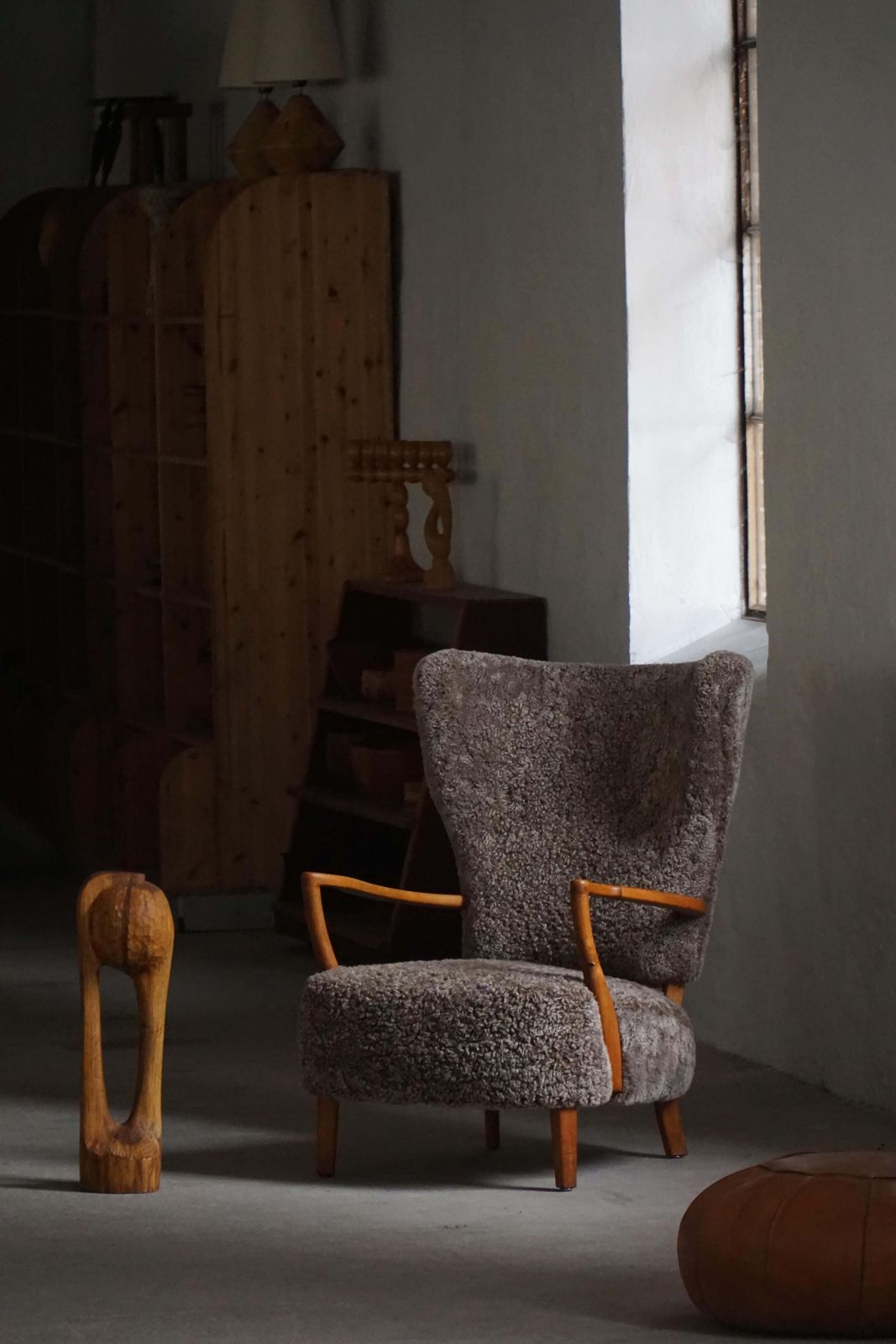 High Back Lounge Chair In Oak & Lambswool, Danish Modern, Viggo Boesen, 1950s photo furniture
