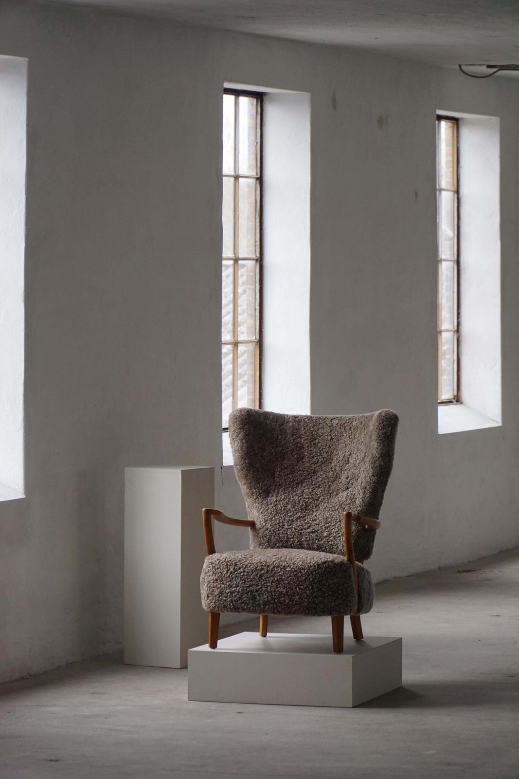 High Back Lounge Chair In Oak & Lambswool, Danish Modern, Viggo Boesen, 1950s photo for sale