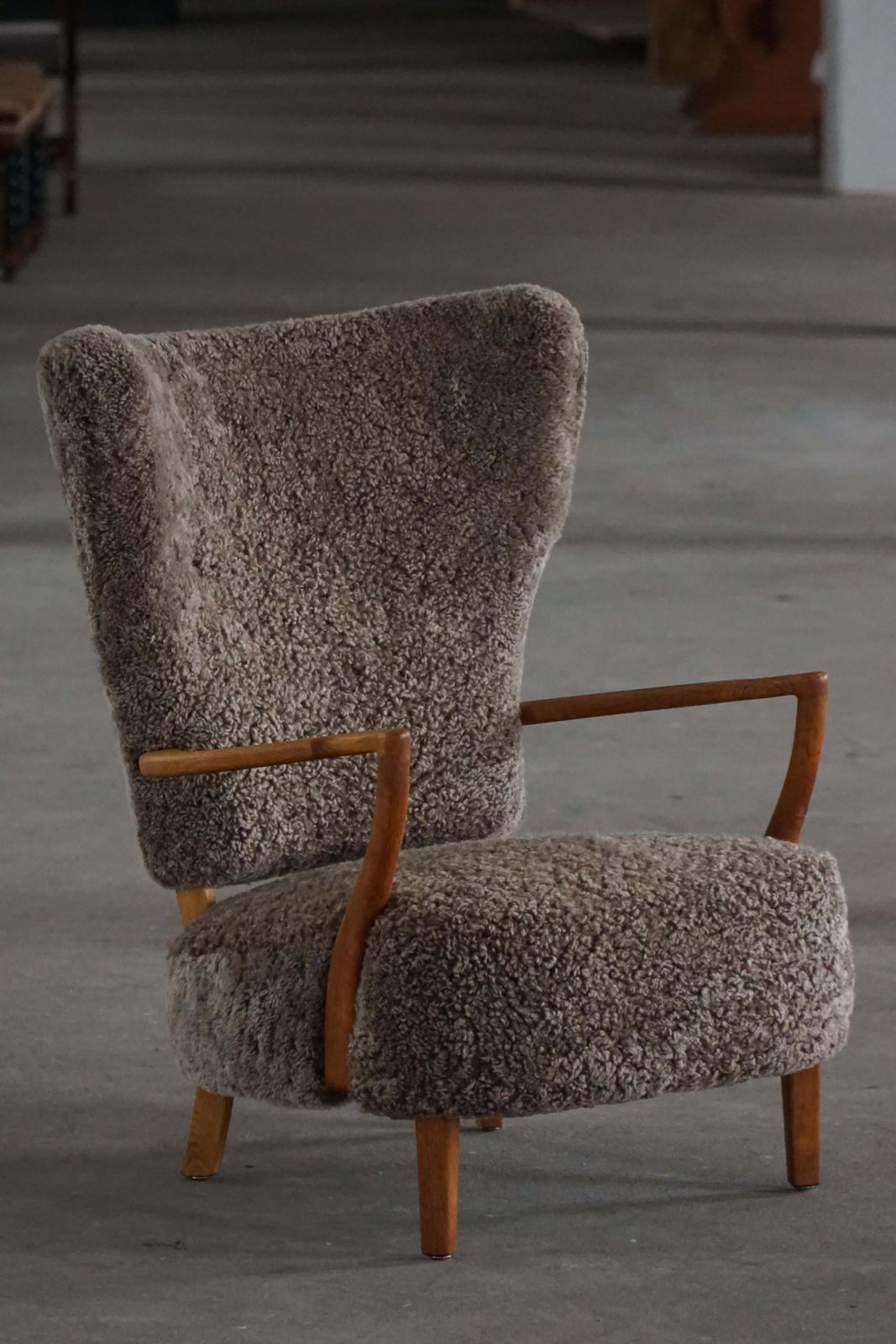 photo vinterior High Back Lounge Chair In Oak & Lambswool, Danish Modern, Viggo Boesen, 1950s