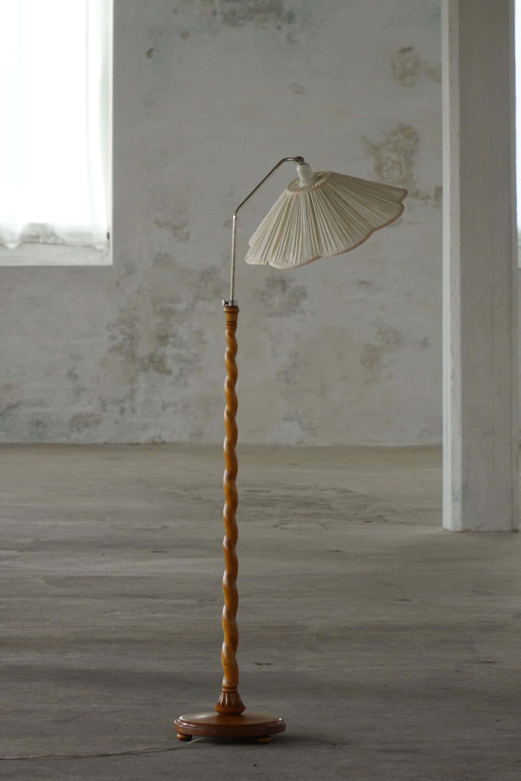 photo for sale Swedish Floor Lamp With Turned Birch Base And Pleated Shade, Mid 20th Century